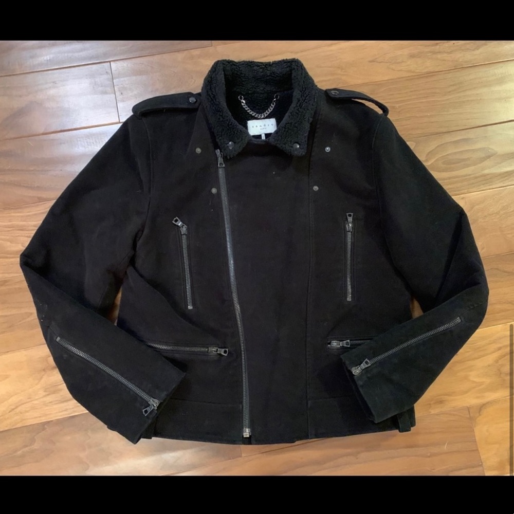 SANDRO Men "Psychocandy" Black Shearling Suede Look
Moto Biker Jacket Zip XL